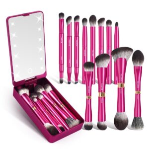 Travel Makeup Brush Set with LED Light Mirror