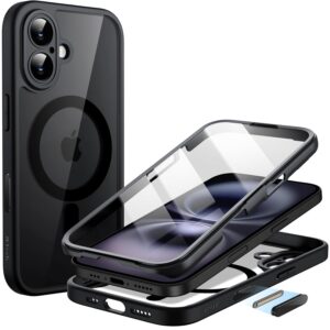 360° Magnetic Case with Double-Sided Tempered Glass - iPhone 16 Plus / Black